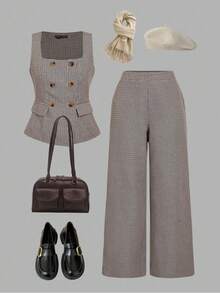 SHEIN MOD 大码格子西装套装、背心和裤子、无袖缺口领经典格子背心、高腰宽松格子阔腿裤、复古、办公室、正式、学术、商务，秋冬 - 彩色 - 查看 2