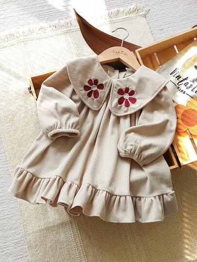 Vintaside Kids Baby GirlComfortable Soft Fashionable Camel Corduroy Peter Pan Collar Cute Floral Embroidery Long Sleeve Pastoral Style Versatile Dress, Suitable For Spring And Autumn Daily Wear