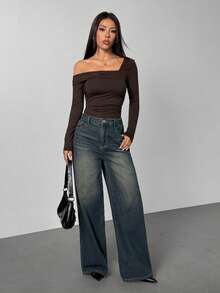 SHEIN PETITE Women's Casual Versatile White Solid Asymmetric Neck Ruched Long Sleeve Bodysuit - Brown - View 4