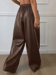 DAZY Quần ống rộng nữ màu trơn chất liệu PU, cạp chun có dây rút và túi, kiểu dáng Y2K. - màu nâu - Xem 2