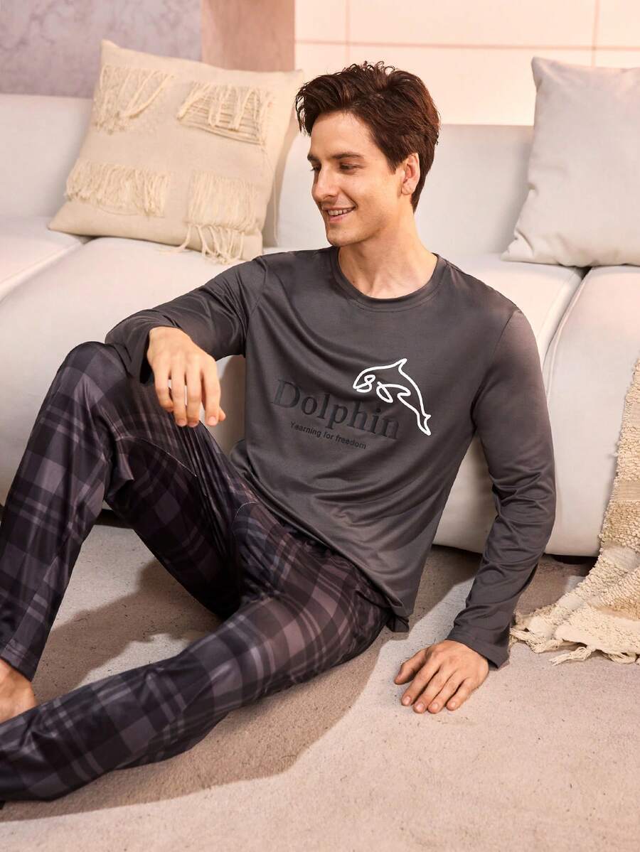 Manfinity Underwear&Sleepwear Basics 男士长袖上衣和格子裤家居服套装，冬季服装 - 深灰色 - 查看 1