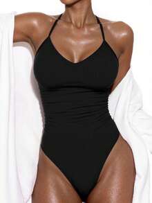 Swim Basics Women's Summer Vacation Beach Solid Color Fitted Ruched Spaghetti Strap One Piece Swimsuit - Black - View 3