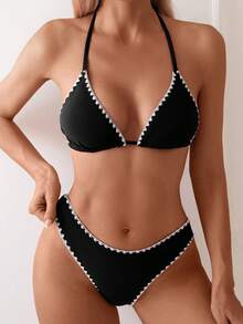 Swim Basics Women's Contrast Trim Halter Bikini Set & Bikini Set For Beach Holiday Summer Beach - Black - View 4