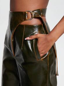 NYA SZN Pants High Rise Slim Flare Fitted Faux Leather Green Summer Chic For Women - Green - View 6