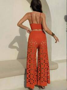 Bonvoyette Conjunto de 3 piezas de traje de baño de verano para mujer: Top con tirantes en unicolor, shorts de talle alto, y cubre-traje de baño largo con diseño hueco, conjunto de bikini de moda para resort - Óxido marrón - Ver 2
