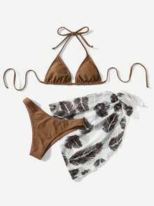Swim Vcay Summer Beach 3pcs Set: Solid Color Halter Backless Bikini Top, Printed Twist Hem Skirt Bottom, Random Print - Coffee Brown - View 4