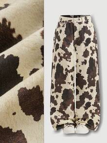 SHEIN MOD Women's Retro Cow Print Wide Leg Jeans, Winter Thanksgiving Graduation Elegant Chic Stylish Brown Jeans - Chocolate Brown - View 7