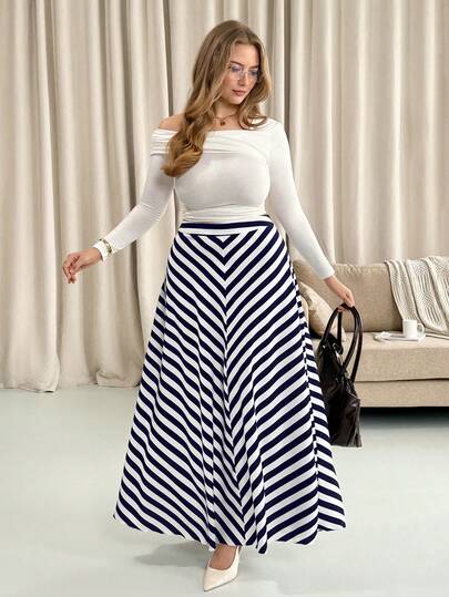 Vionelle Plus Size Woven Striped Waist Flared A-Line Skirt, Autumn/Winter Maxi Skirt Modest Skirts Striped Skirt Women Long Skirt Flare Skirt Matching Set Skirt Curvy Skirt 2 Piece Woman Set