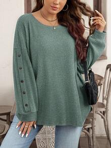 EMERY ROSE Plus Size Women's Solid Color Round Neck Drop Shoulder Casual Ribbed Long Sleeve T-Shirt - Green - View 1
