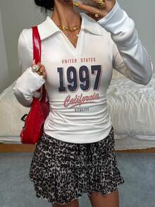 Attitoon 女士休闲复古1997英文字母时尚印花图案Polo领长袖T恤，适合外出、街头风、机场休闲等场合，时尚图案 - 白色 - 查看 7