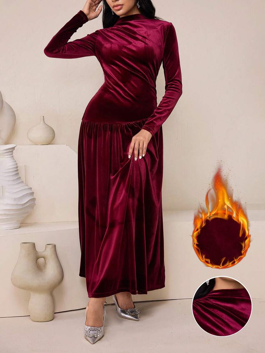 Veilorie Women's Solid Color Pleated Collar Long Sleeve Dress