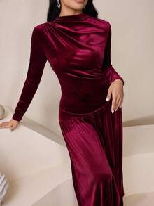 Veilorie Women's Solid Color Pleated Collar Long Sleeve Dress