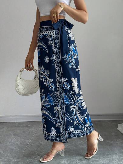 Elenzga 女士印花系带腰身休闲裹身裙，适合度假