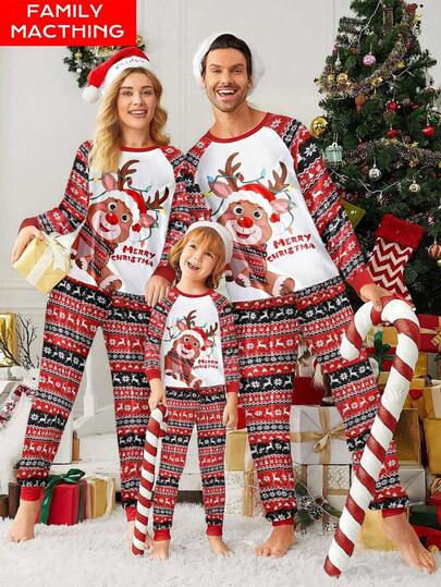 SHEIN Set de pijama cómodo con top de manga raglán estampado y pantalones para hombre, ropa de otoño e invierno, conjunto de pijamas a juego para la familia en Navidad, 2 piezas
