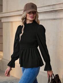 Solivie Blusa de manga larga con ajuste holgado y ribete de volantes elegante para mujer, camisa versátil para capas en otoño - Negro - Ver 6