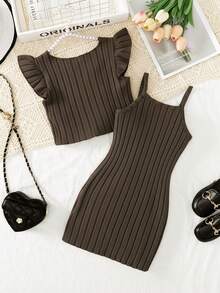 Elladie kids 女孩情人节新款优雅针织连衣裙套装，蕾丝无袖背心上衣+吊带迷你连衣裙，两件套春季装 - 咖啡棕 - 查看 2