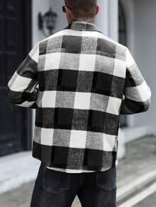 Manfinity Homme Áo khoác nam dài tay kẻ caro cài nút có túi nắp, thời trang thu/đông - Xám - Xem 2