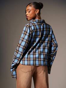 Women Twisted Front Low Neck Plaid Top - Blue - View 5