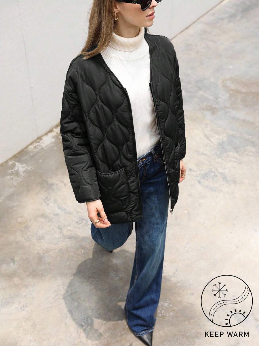 Aveloria Modichic 休闲百搭金属拉链波浪绗缝中长款女士羽绒服，轻便 - 黑色 - 查看 1