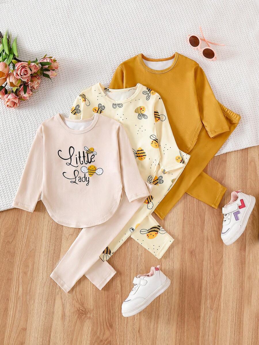 SHEIN Playful Pals 6件套可爱女童春秋季罗纹面料蝴蝶结印花/蝴蝶结满印/纯色玫红色长袖弧形下摆T恤和修身裤休闲时尚套装 - 黃色 - 查看 1