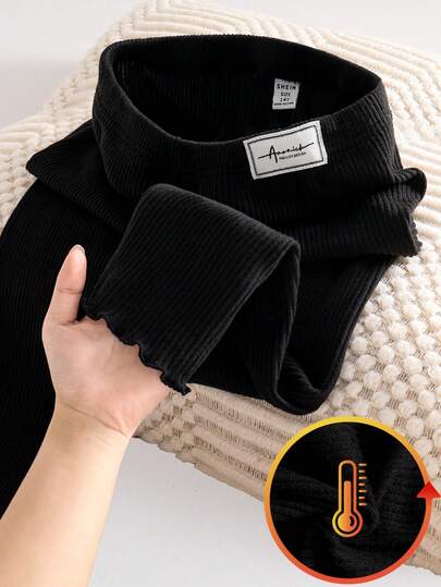 Girls' Leggings, Casual Black Brushed Ribbed Elastic Leggings For Teens, Suitable For Everyday Wear In Autumn/Winter Fall