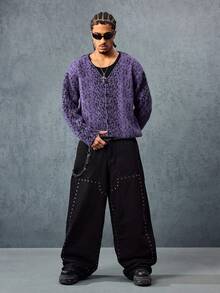 ROMWE MEN Street Life Cardigan Rajut Pria Lengan Panjang Bermotif Leopard, Kancing Tunggal, Musim Dingin - Purple - View 7