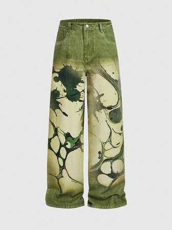 Street Life Jeans rectos casuales holgados con bolsillo de pintura salpicada para hombres