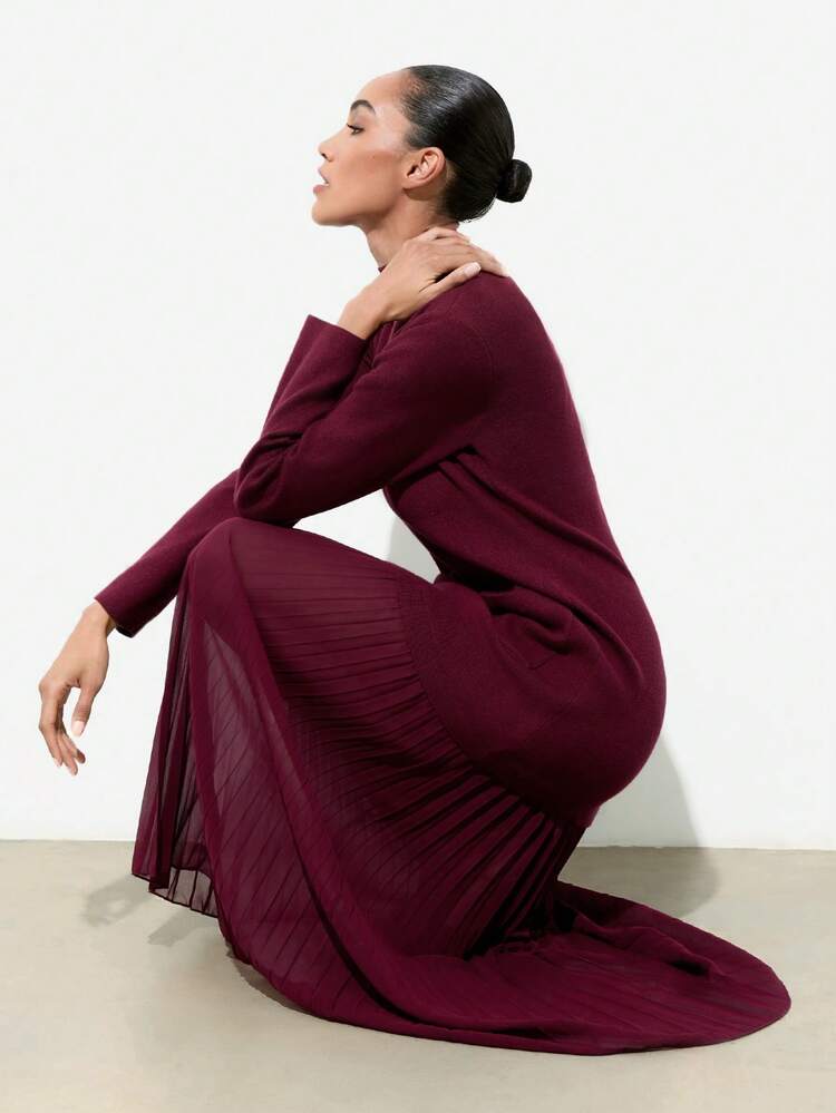 SHEIN Maija Women's Solid Color Stand Collar Long Sleeve Pleated Hem Elegant Knit Dress, Autumn/Winter Elegant Red Christmas Dress
