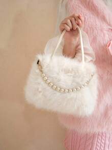 SHEIN MOD White Plush Women Handbag, Fashion Pearl Hand Bag, Fuzzy Furry Shoulder Bag, Versatile For Dating, Commuting, Elegant Pearl Bag - White - View 3