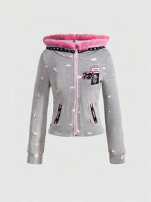 ROMWE Avant Y2K Punk Bunny Ear Sweatshirt Jacket For Women - Grey - View 1
