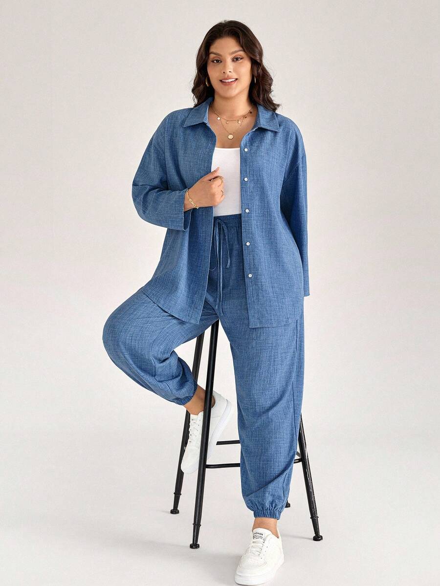 Comfylo 大码休闲长袖衬衫和裤子两件套