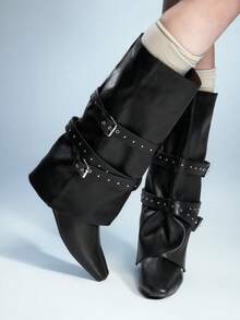 Sugerpunk 女士方头高筒靴，复古平底直筒靴，日常百搭女士过膝靴 - 黑色 - 查看 3
