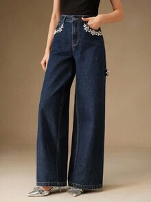 Anewsta 女士简约日常水钻装饰多口袋直筒裤 - 藍色 - 查看 7