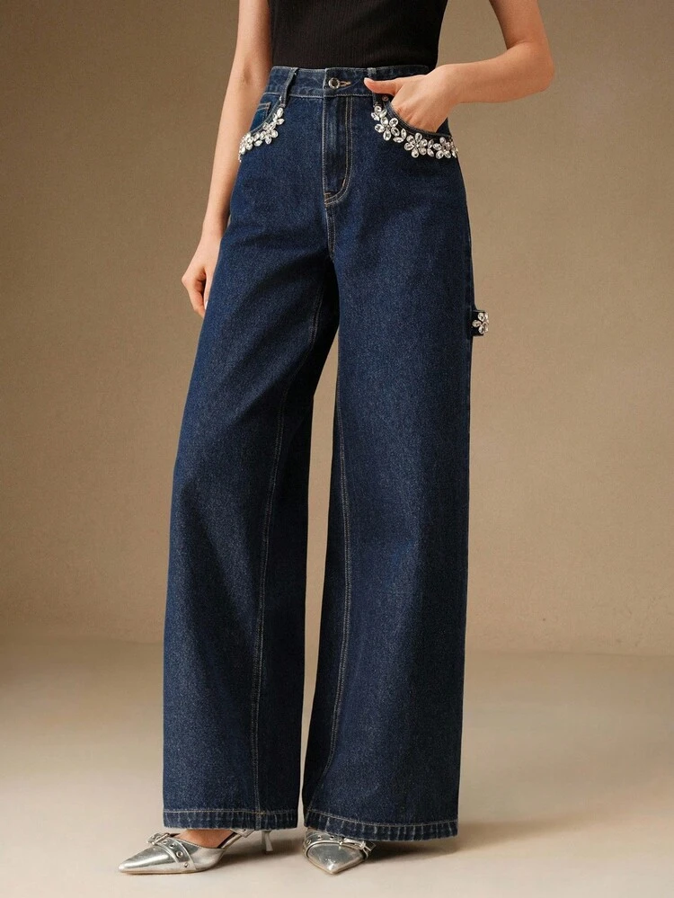 Women's Minimalist Everyday Rhinestone Embellished Multi-Pocket Straight Leg Pants