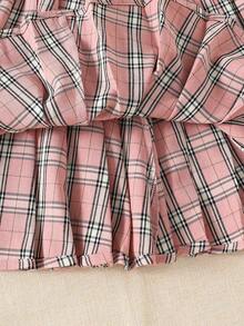 Explorewe SHEIN KIDS , Gifts For 11 Year Old Girls,2pcs Girls Fashion Casual Long Sleeve Cute Princess Collar Sweatshirt With Bow Print Pattern, Soft Fabric Top And Versatile Pleated Plaid Skirt, Suitable For Christmas, Halloween, Autumn