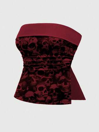 Plus Size Goth Skeleton Print Side Slit Cropped Camisole Top