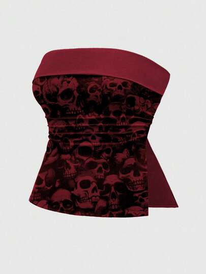 Plus Size Goth Skeleton Print Side Slit Cropped Camisole Top