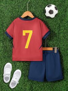 SHEIN 2件套男童足球7号印花短袖圆领T恤和短裤套装，适合夏季户外、运动、休闲、返校穿着 - 彩色 - 查看 2