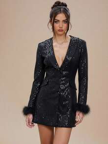 SHEIN BAE Women's Solid Black Faux Fur Collar Long-Sleeve Sequin Suit Dress,Glamorous Beaded Blazer For Fall/Winter Night Out,Party Disco,Blackness,Summer,70's - Black - View 4