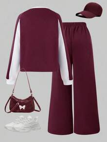 Sparklyn 2 件套青少年女孩运动休闲装，拼色圆领长袖字母印花运动衫和阔腿裤 - 酒紅色 - 查看 2