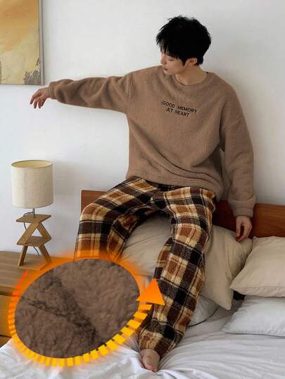 DAZY Set da uomo di felpa in pile con ricamo a lettera e pantaloni in velluto scozzese, per l'autunno/inverno