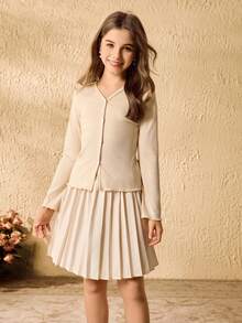 Girls' Elegant Minimalist Fashion Daily V-Neck Long Sleeve Fitted Solid Color Cardigan Paired With High Waist Short Pleated Solid Color Skirt Set, Autumn/Winter - Khaki - View 4