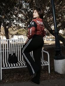 Lupita Cardoza Women's Streetwear Athleisure Sport Letter Print Stretchy Woven Tape Banded Texture Decoration Comfy Black Boot Cut Pants