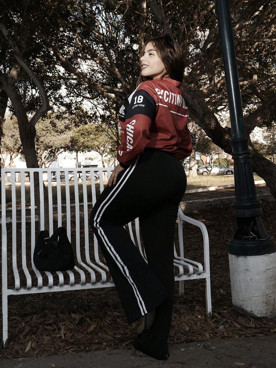 Lupita Cardoza Women's Streetwear Athleisure Sport Letter Print Stretchy Woven Tape Banded Texture Decoration Comfy Black Boot Cut Pants