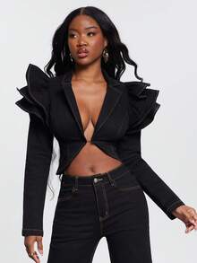 NYA SZN Destiny 短款拼接长袖牛仔外套，荷叶边袖，弹力深色水洗，适合办公室、商务休闲、日常穿着、音乐会、西部牛仔风、特殊活动、派对等场合，尽显优雅气质，是秋冬季女性的理想之选。 - 黑色 - 查看 3