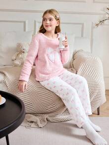Dream Adore Girls Plush Pajama Set, Long Sleeve Butterfly Embroidered Top And Butterfly Print Pants, Autumn/Winter