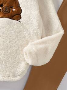 SHEIN Sparklyn 少女休闲百搭卡通水豚刺绣连帽宽松抓绒卫衣+打底裤秋冬套装 - 米色 - 查看 6