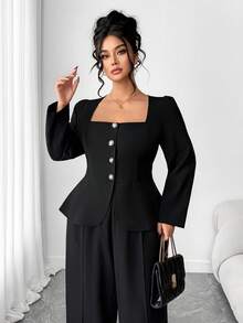 Elenzga 时尚休闲法式复古优雅通勤珍珠撞色翻领两件套 - 黑色 - 查看 6