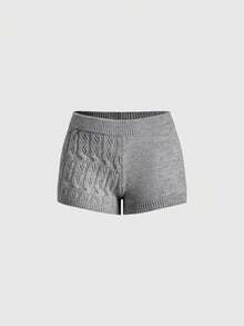 ROMWE Women's Fringe Twisted Off Shoulder Lantern Sleeve Sweater And Super Low-Waist Mini Shorts 2 Pieces Set - Grey - View 4