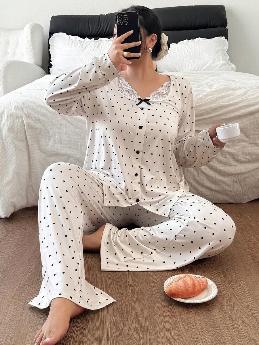 SHEIN Ensemble de pyjama à manches longues pour femmes grandes tailles, col carré en dentelle et pois, pour l'automne et l'hiver - Nude - Voir 1